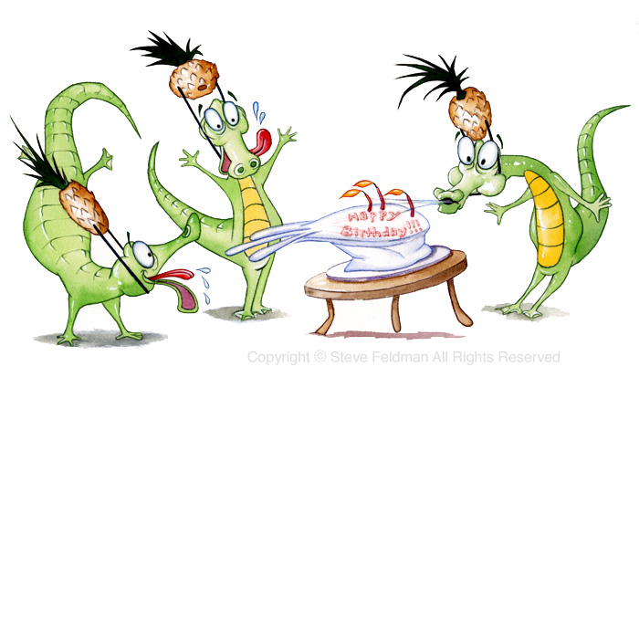 Three Hungry Alligators Wearing Pineapple Party Hats cartoon